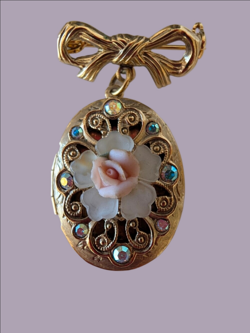 Vintage Locket Brooch with Pink Rose And Crystal Accent. Possibly 1928 Jewelry